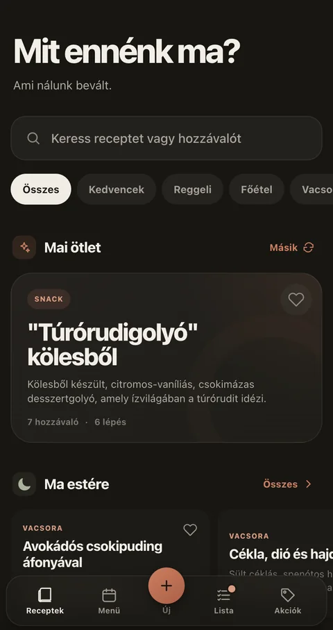 Home screen of the family recipe app on iPhone, with recipe search, categories and a daily suggestion