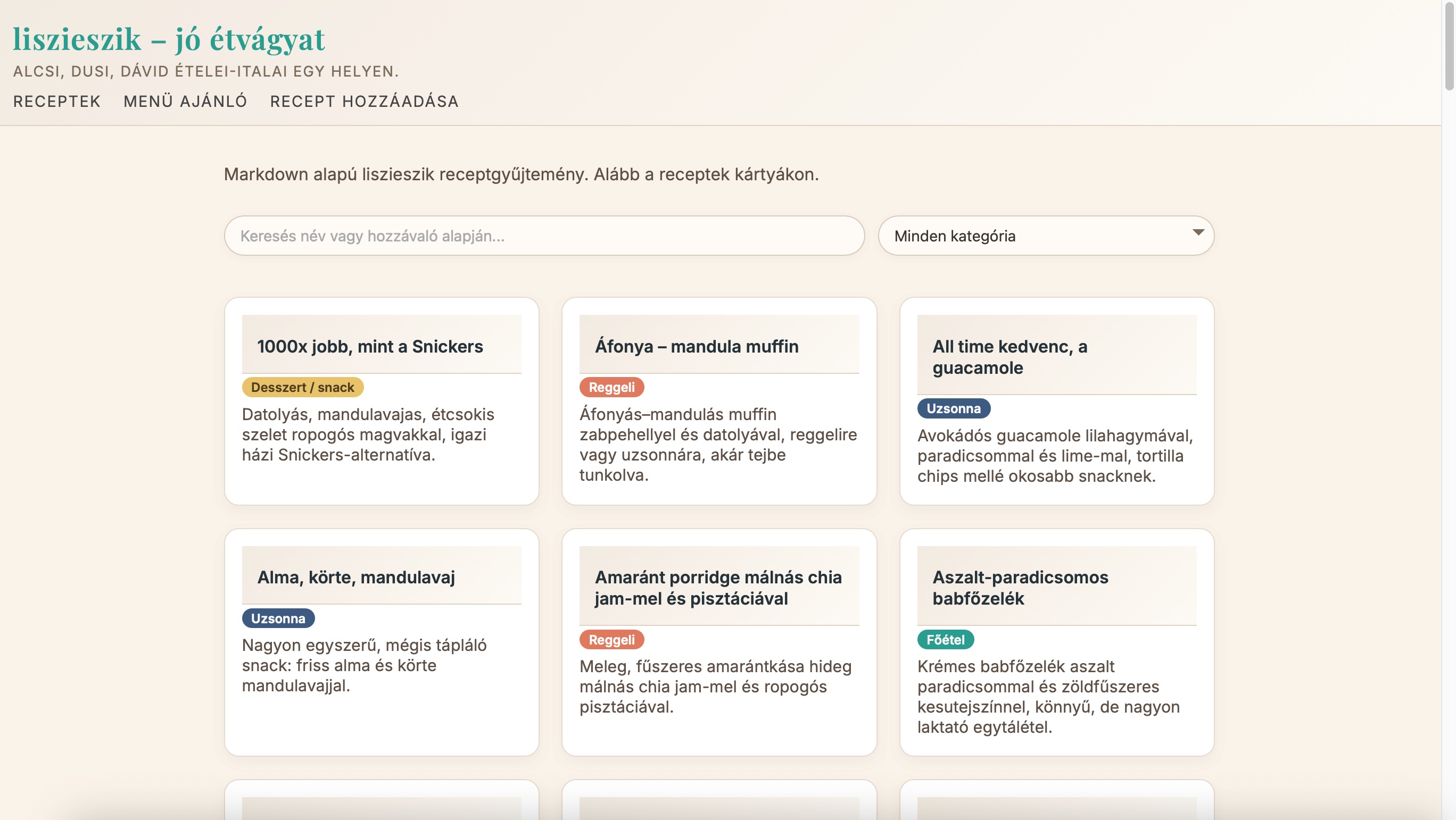 Family recipe collector — index page with category-filtered recipe cards