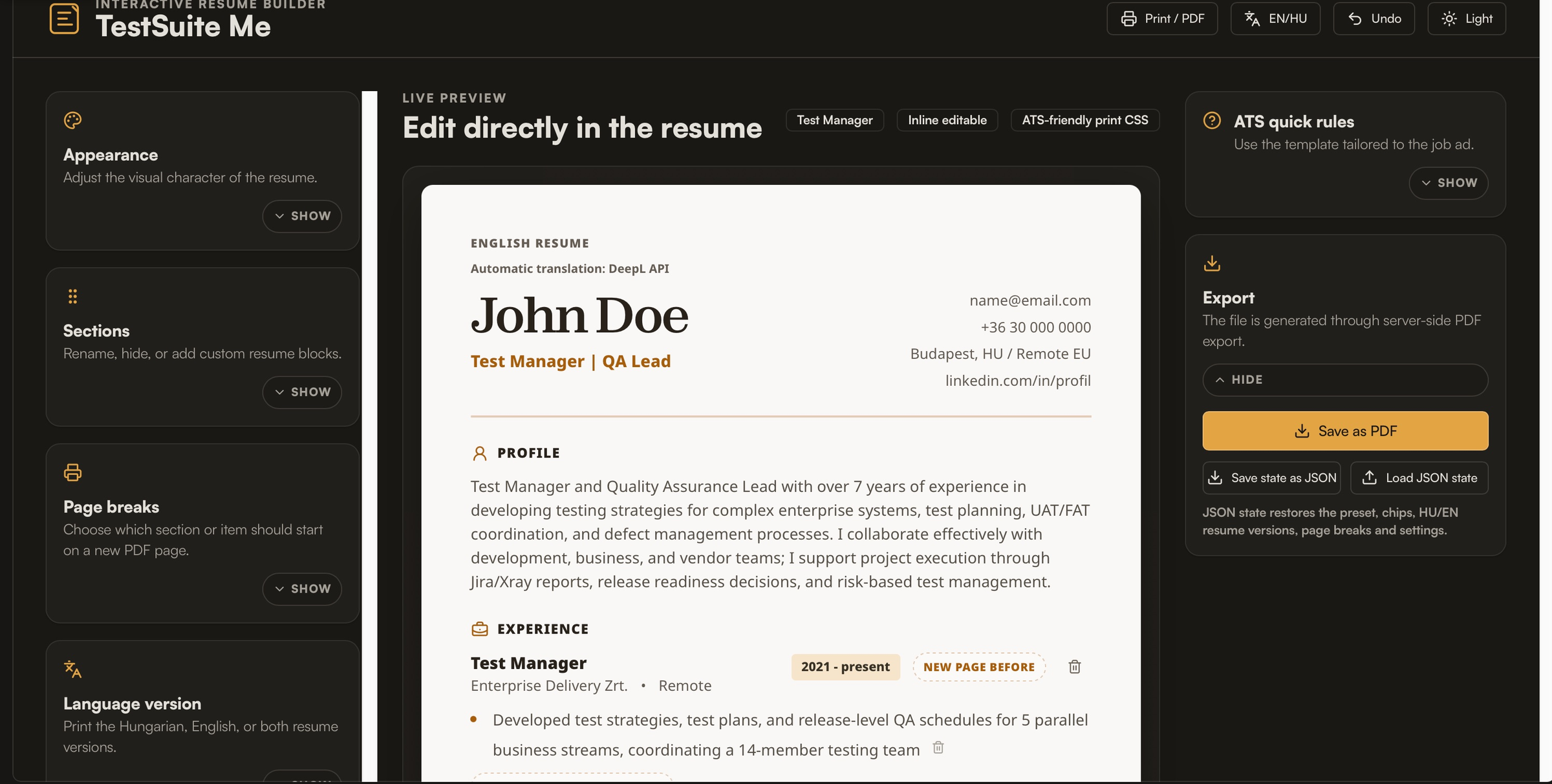 TestSuite Me — interactive resume builder with live preview, QA presets, and PDF export