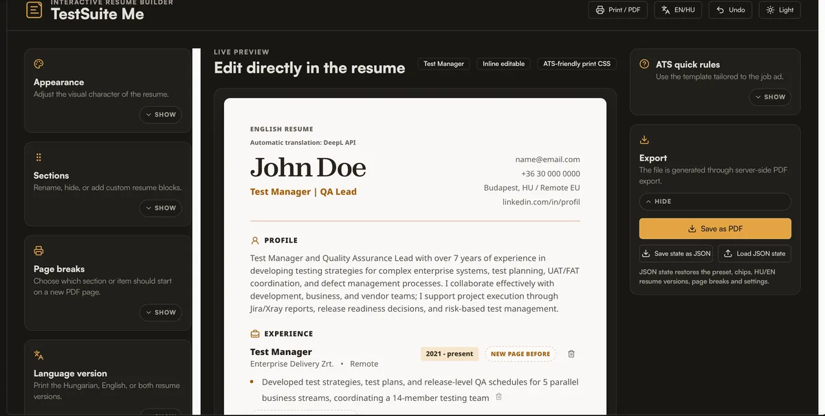 TestSuite Me resume builder with live preview, QA presets and PDF export